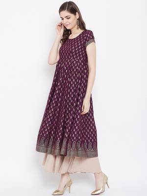 Purple printed cotton long-kurtis 3