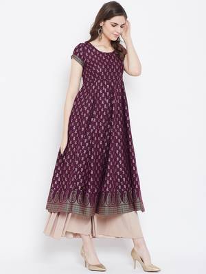 Purple printed cotton long-kurtis 5