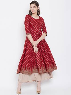 Red printed cotton long-kurtis 1