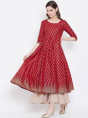 Red printed cotton long-kurtis 3