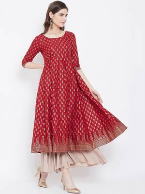Red printed cotton long-kurtis 5