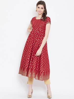 Red printed cotton long-kurtis 1
