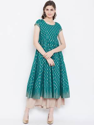 Turquoise printed cotton long-kurtis 1