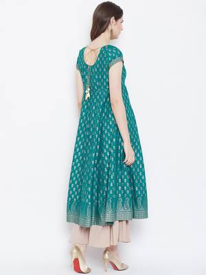 Turquoise printed cotton long-kurtis 2