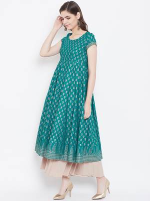 Turquoise printed cotton long-kurtis 3
