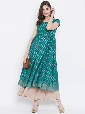 Turquoise printed cotton long-kurtis 5