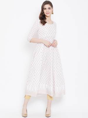 White printed cotton long-kurtis 1