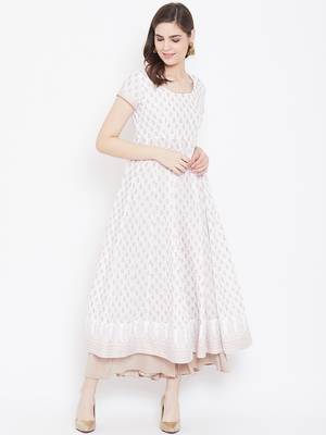 White printed cotton long-kurtis 1