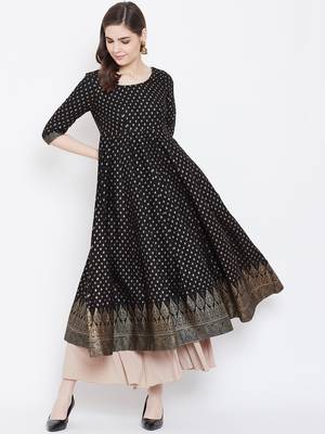 Black printed cotton long-kurtis 1