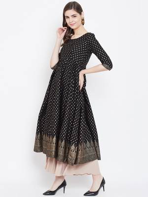 Black printed cotton long-kurtis 3