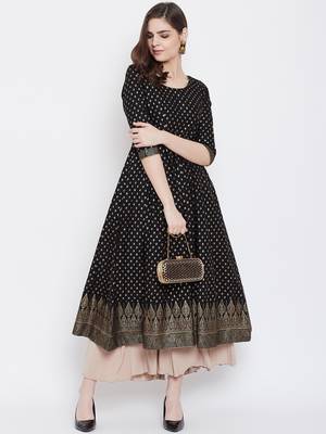 Black printed cotton long-kurtis 5