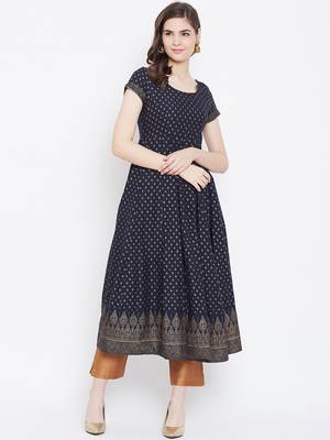 Blue printed cotton long-kurtis 1