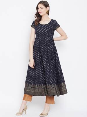 Blue printed cotton long-kurtis 3