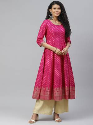 Pink printed cotton long-kurtis 1