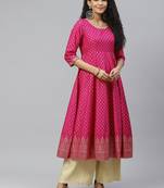 Pink printed cotton long-kurtis