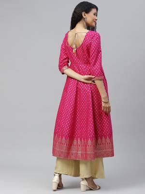 Pink printed cotton long-kurtis 2
