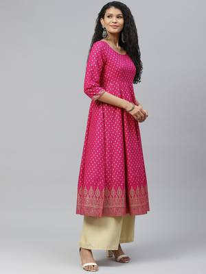 Pink printed cotton long-kurtis 3
