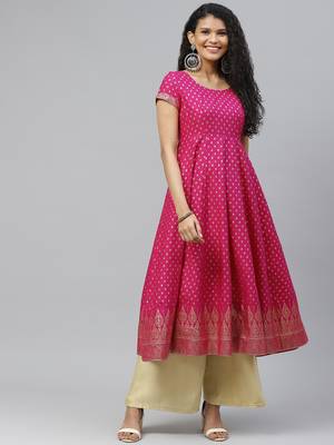 Pink printed cotton long-kurtis 1