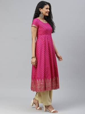 Pink printed cotton long-kurtis 3