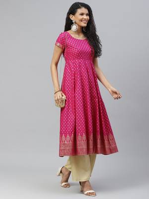 Pink printed cotton long-kurtis 5