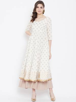 Off-white printed cotton long-kurtis 1