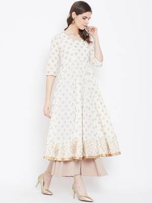 Off-white printed cotton long-kurtis 5