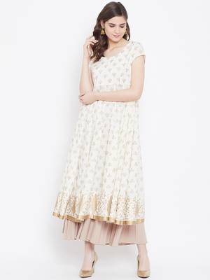 Off-white printed cotton long-kurtis 1