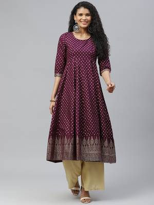 Purple printed cotton long-kurtis 1