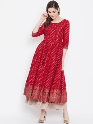 Red printed cotton long-kurtis 1