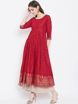 Red printed cotton long-kurtis 3