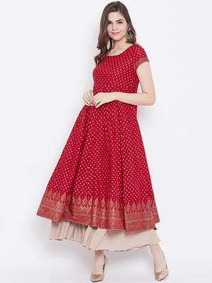 Red printed cotton long-kurtis 1