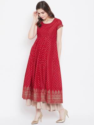 Red printed cotton long-kurtis 3