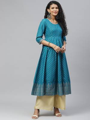 Turquoise printed cotton long-kurtis 1