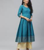 Turquoise printed cotton long-kurtis