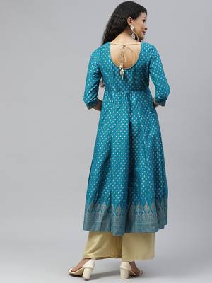 Turquoise printed cotton long-kurtis 2