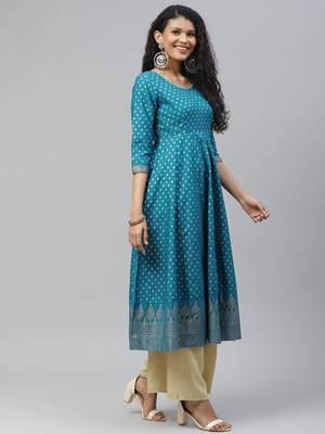 Turquoise printed cotton long-kurtis 3
