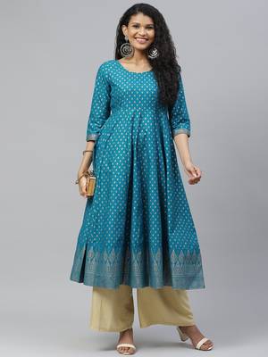 Turquoise printed cotton long-kurtis 5