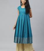 Turquoise printed cotton long-kurtis