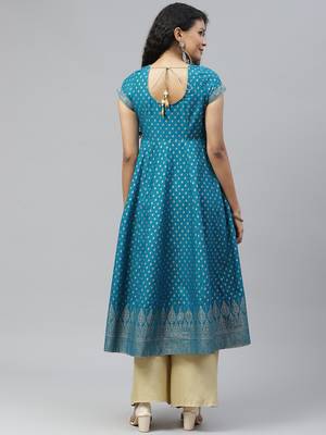 Turquoise printed cotton long-kurtis 2