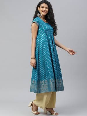 Turquoise printed cotton long-kurtis 3
