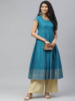 Turquoise printed cotton long-kurtis 5