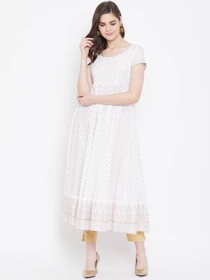 White printed cotton long-kurtis 1