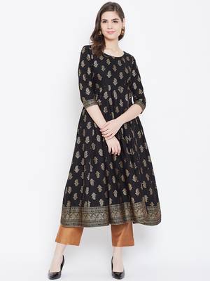 Black printed cotton long-kurtis 1