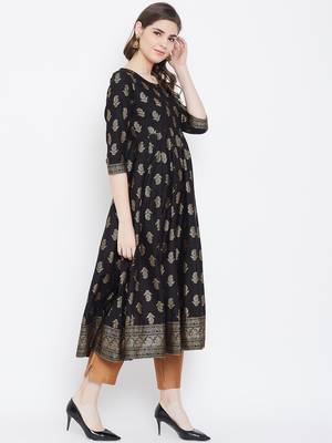 Black printed cotton long-kurtis 5