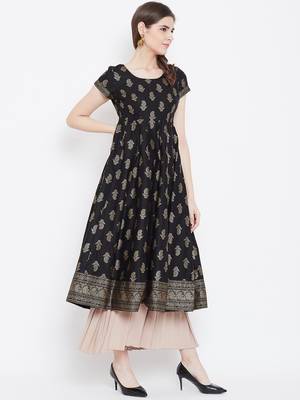 Black printed cotton long-kurtis 5