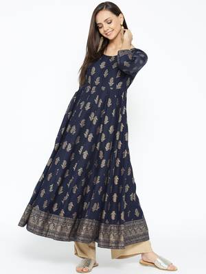 Blue printed cotton long-kurtis 1