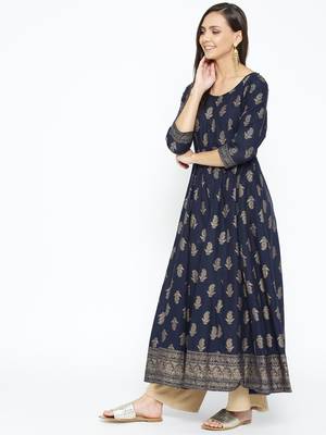 Blue printed cotton long-kurtis 3