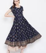 Blue printed cotton long-kurtis