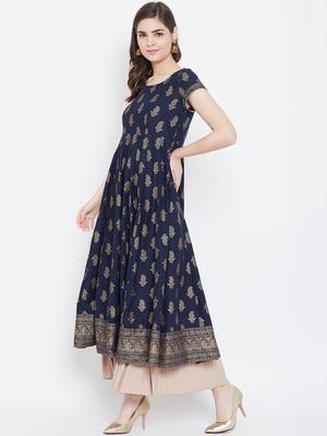 Blue printed cotton long-kurtis 3