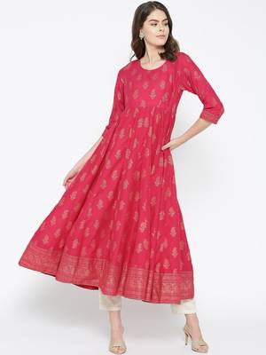 Pink printed cotton long-kurtis 1